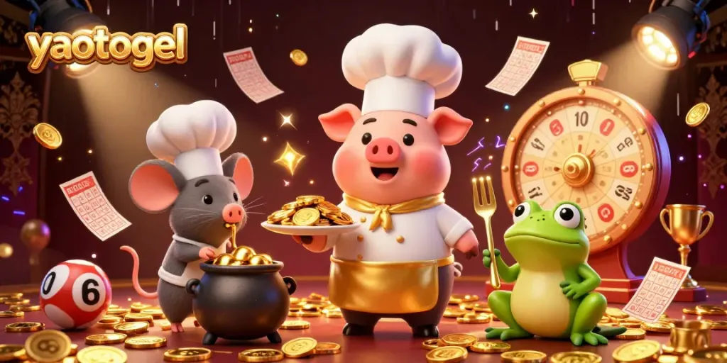 Engage with yaotogel lottery excitement featuring a chef pig serving gold coins amidst vibrant gaming elements.