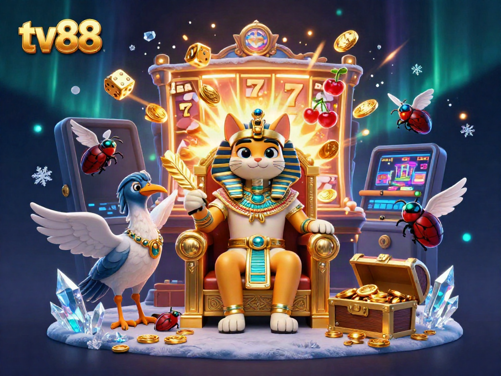 Experience exciting wins at tv88 with a dynamic 3D scene featuring a pharaoh cat and vibrant casino elements.