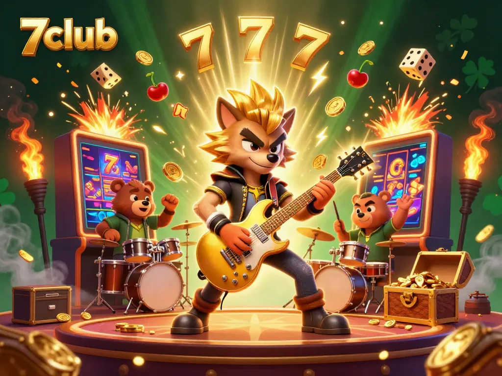 Experience the vibrant 7club casino scene with a rock star wolf and drummer bear amidst jackpots.