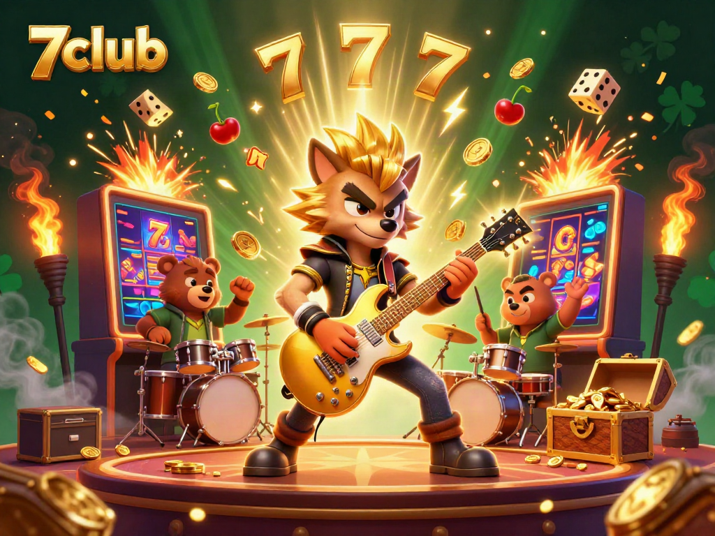 Experience the vibrant 7club casino scene with a rock star wolf and drummer bear amidst jackpots.