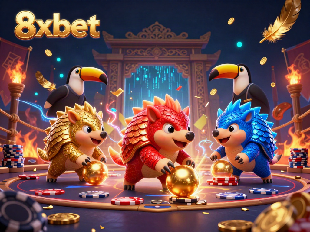 Engage in thrilling games with 8xbet as rival pangolins battle in a vibrant casino scene.