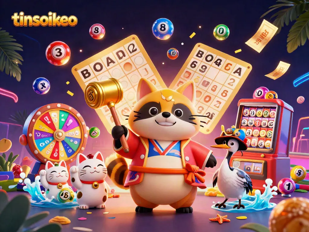 Celebrate the fun of betting with tinsoikeo featuring a tanuki, colorful lottery elements, and a lively casino atmosphere.