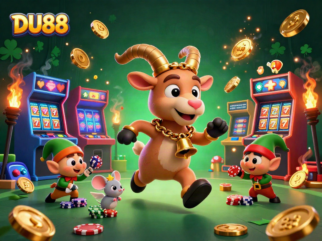 Engage in DU88 gaming fun with Krampus and friends in a vibrant casino illustration.