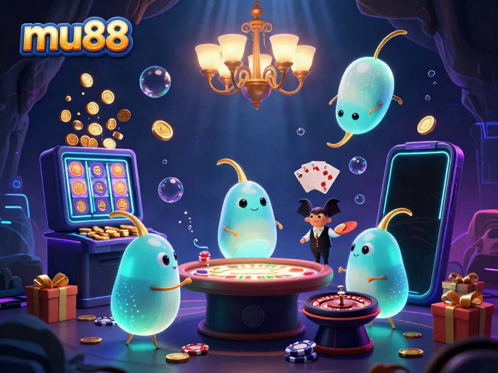 Experience the excitement of mu88 as glowworms illuminate a vibrant casino scene with 3D gaming elements.