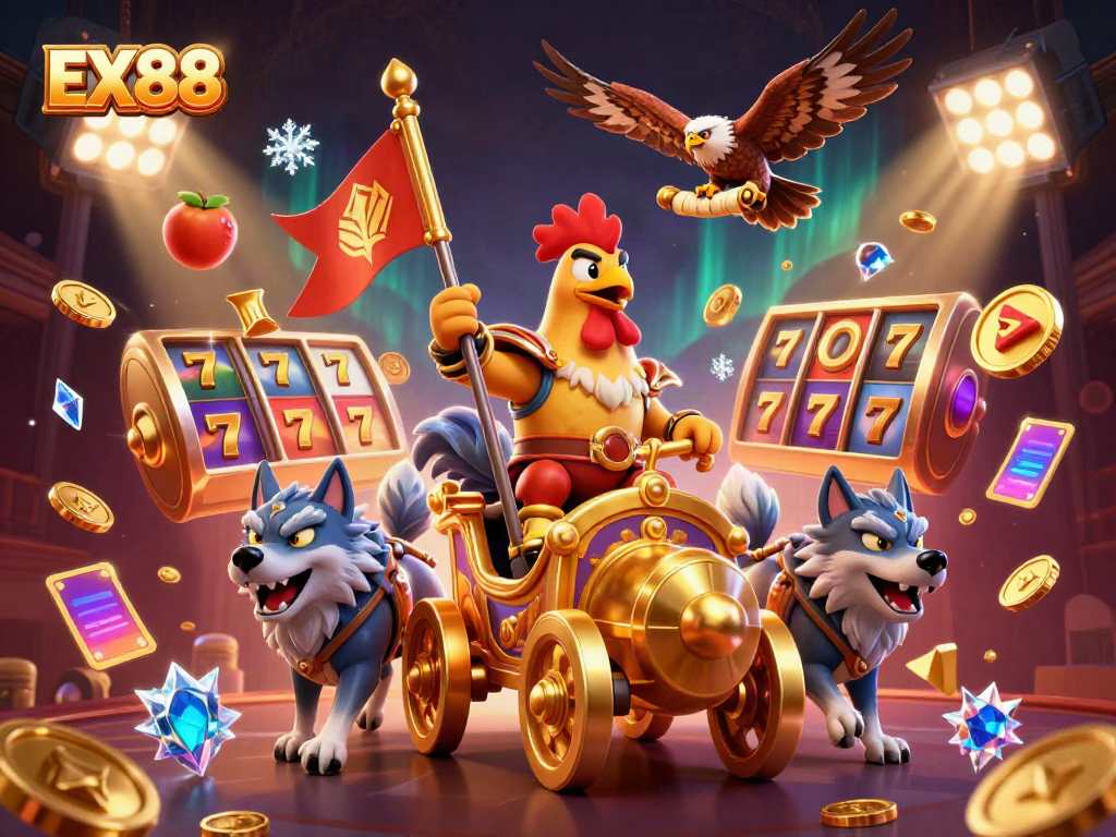 Experience the thrill of EX88 with a cartoon rooster warlord, gold chariot, and gambling elements in an explosive scene.