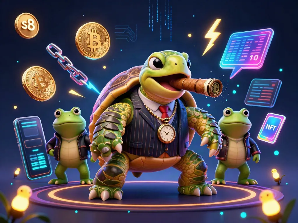 Win big at s8 casino with an illustrated scene of a mobster turtle and bullfrog enforcers surrounded by crypto elements.