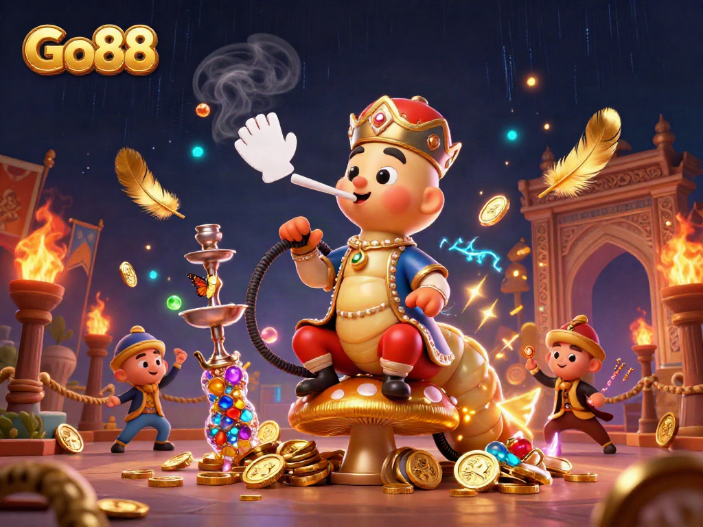 Experience Go88's exhilarating gaming atmosphere with vibrant illustrations of a magical caterpillar and casino elements.