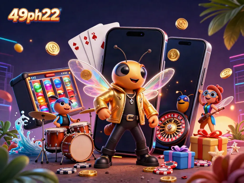 Engage with exciting slot actions at 49ph222, featuring a vibrant scene of animated characters and games.