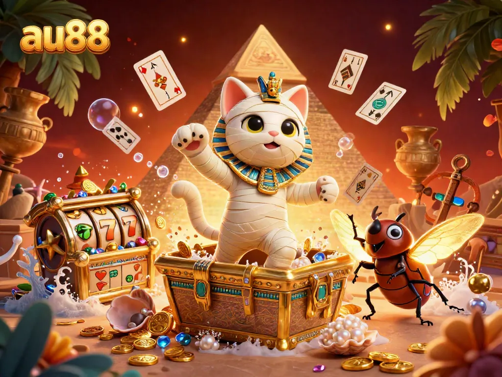 Experience the lively casino world of au88 with an Egyptian mummy and glowing companions amidst vibrant slot elements.