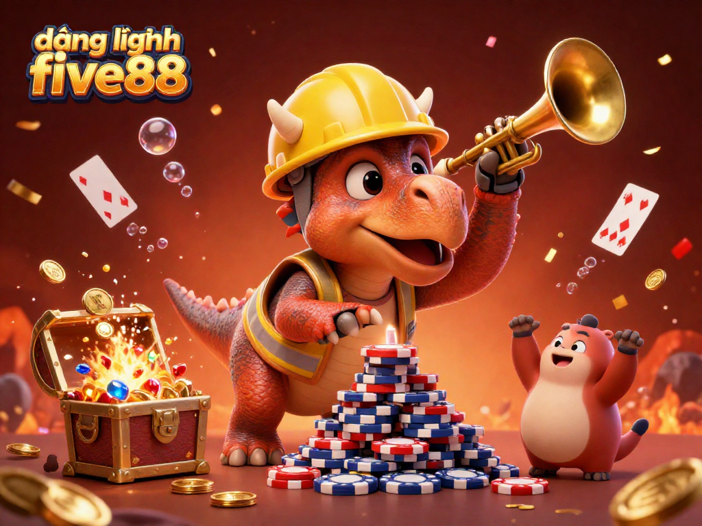 Experience excitement with đăng nhập five88 as characters build a poker chip pyramid amidst vibrant casino-themed celebrations.