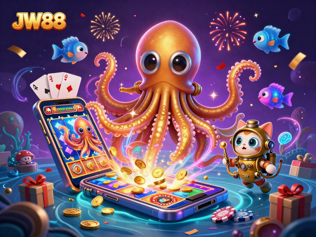 Experience thrilling gameplay with JW88 as a colossal kraken and diver celebrate jackpot wins.