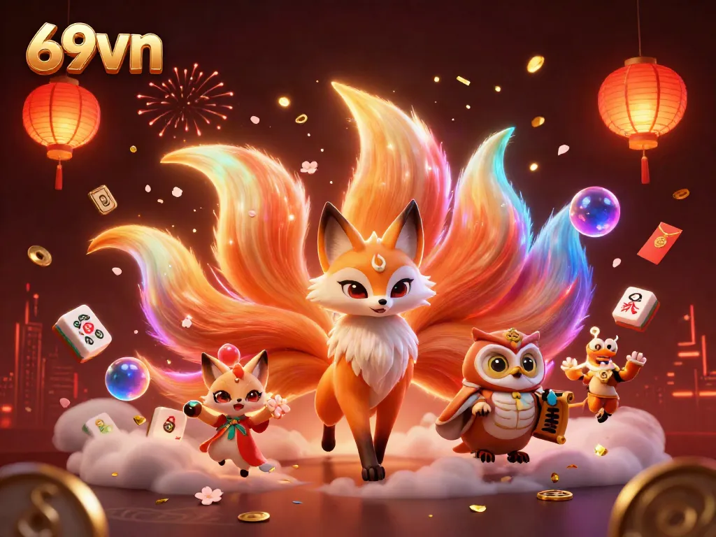 Elevate your gaming experience with the vibrant and mystical 69vn casino illustration featuring a nine-tailed fox and glowing elements.
