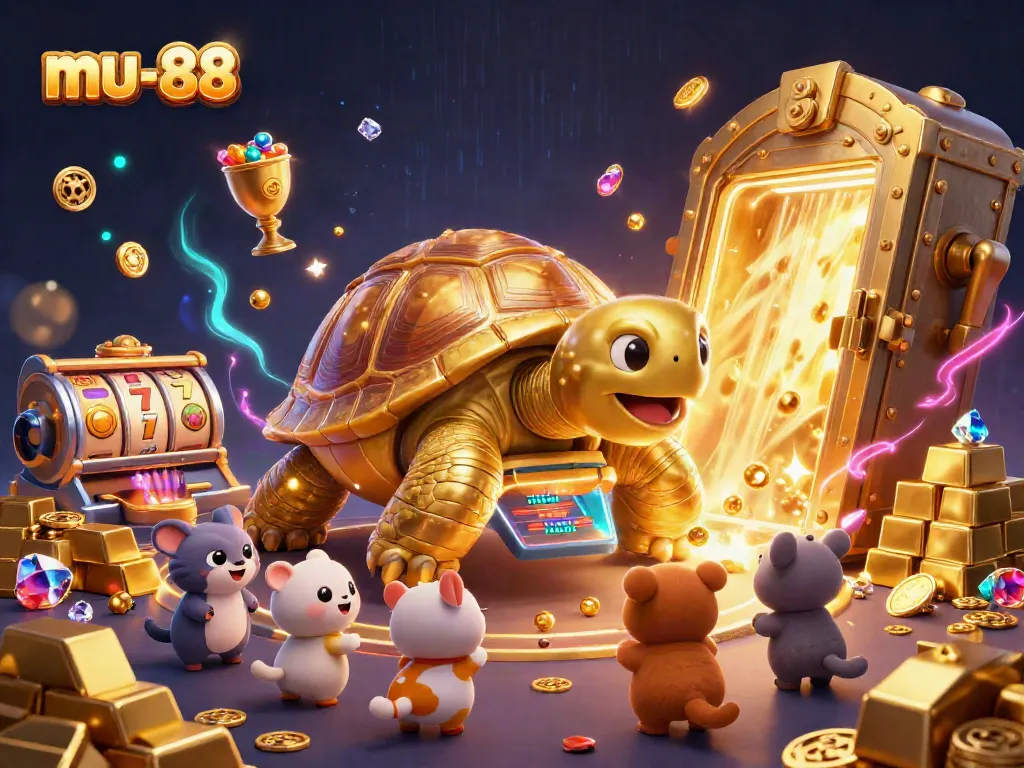 Experience thrilling casino fun at mu-88 with golden tortoise and slot elements in vibrant action
