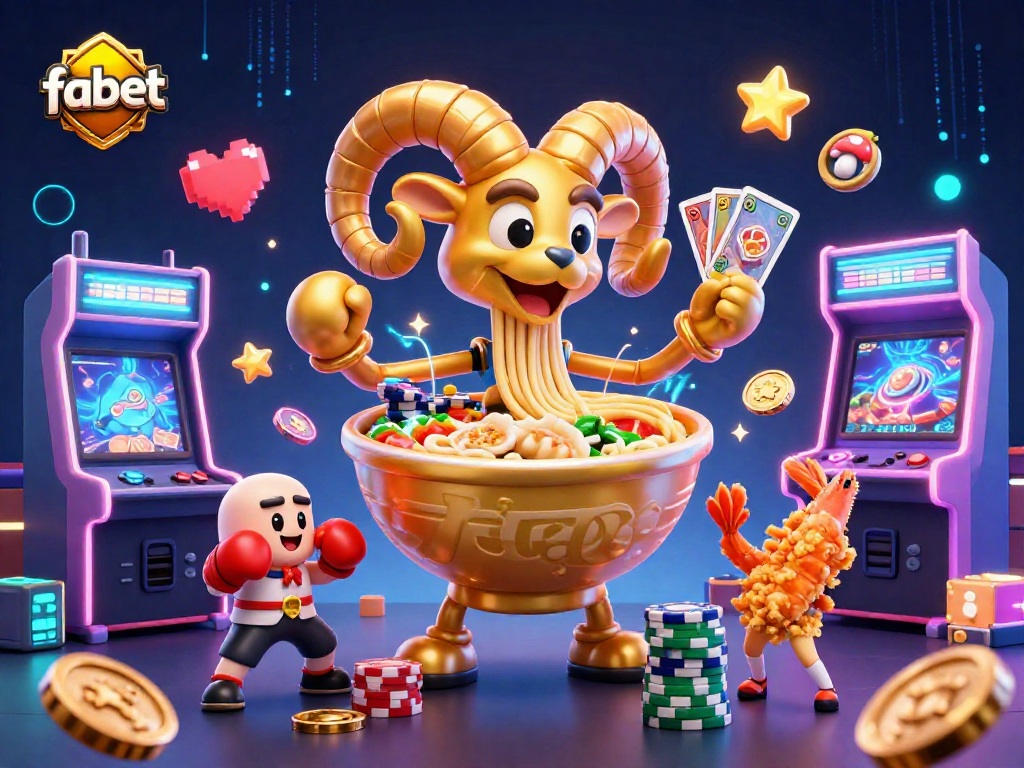 Engage with fabet's lively 3D illustration of a ramen bowl dealer amidst vibrant gaming elements.