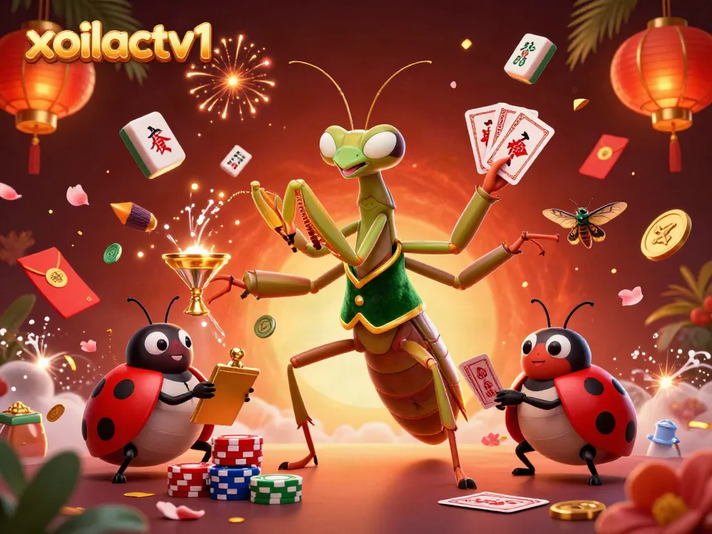 Xoilactv1 brings players vibrant casino energy with a giant praying mantis card sharp in a lively scene.