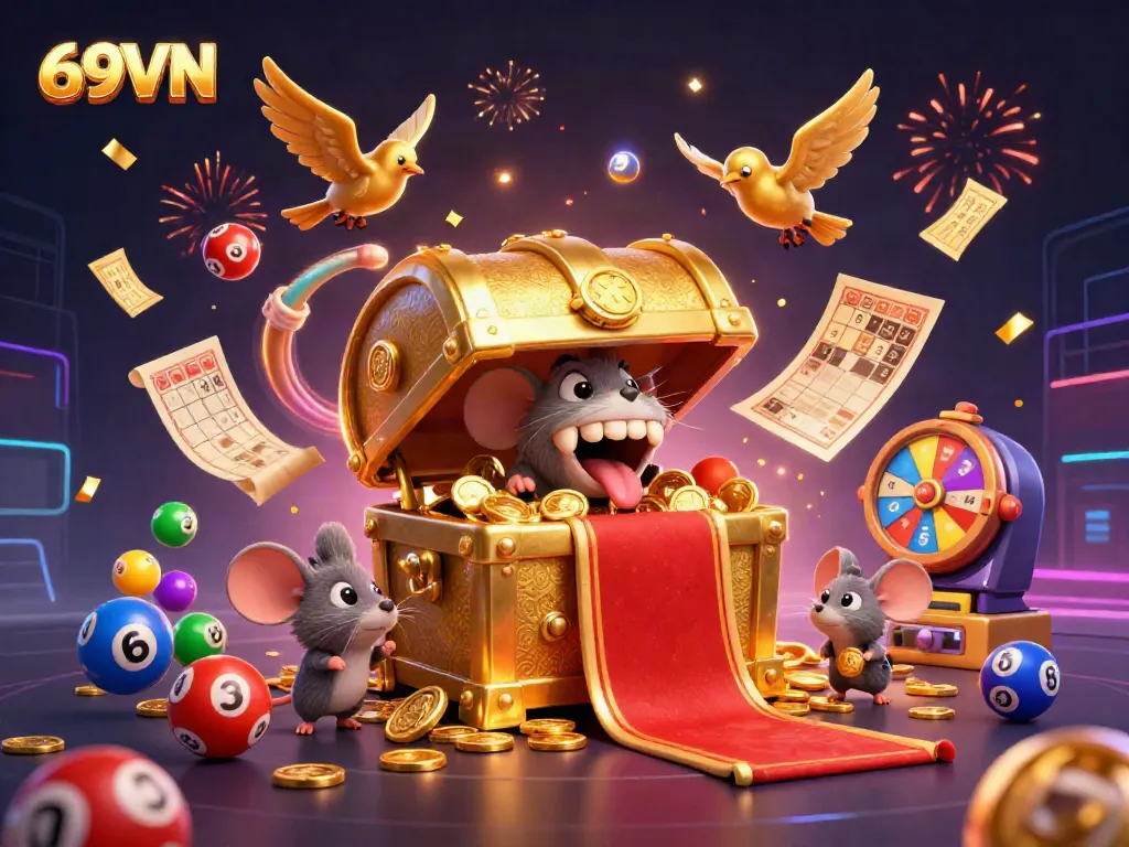 Engage in thrilling gaming at 69VN with vibrant lottery balls, prize wheels, and festive elements.