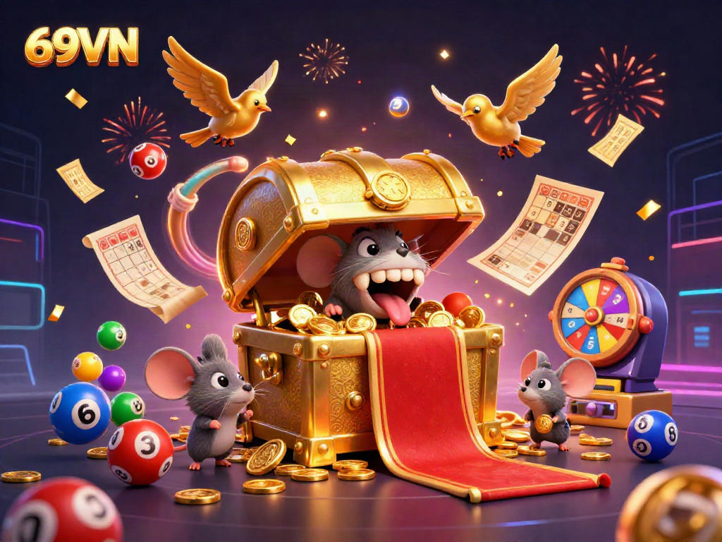 Engage in thrilling gaming at 69VN with vibrant lottery balls, prize wheels, and festive elements.