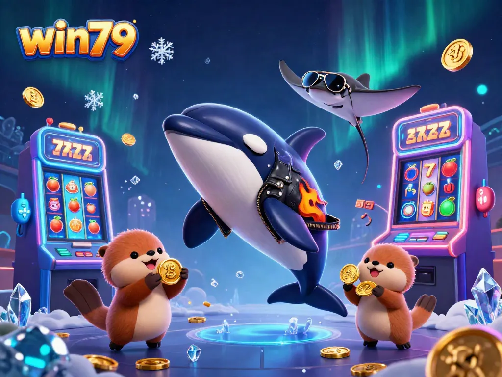 Experience thrilling wins at win79 with a vibrant 3D casino scene of characters celebrating amidst slot machines.