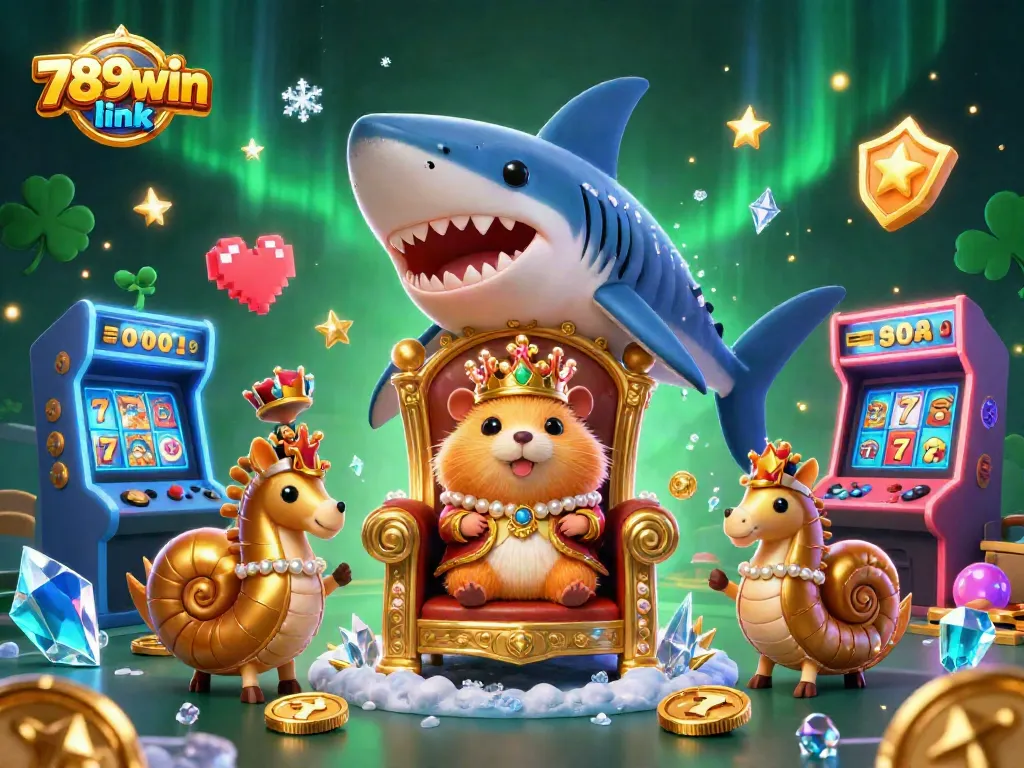 Engage with the vibrant 789win link scene featuring a golden hamster king amidst arcade game machines and casino symbols.