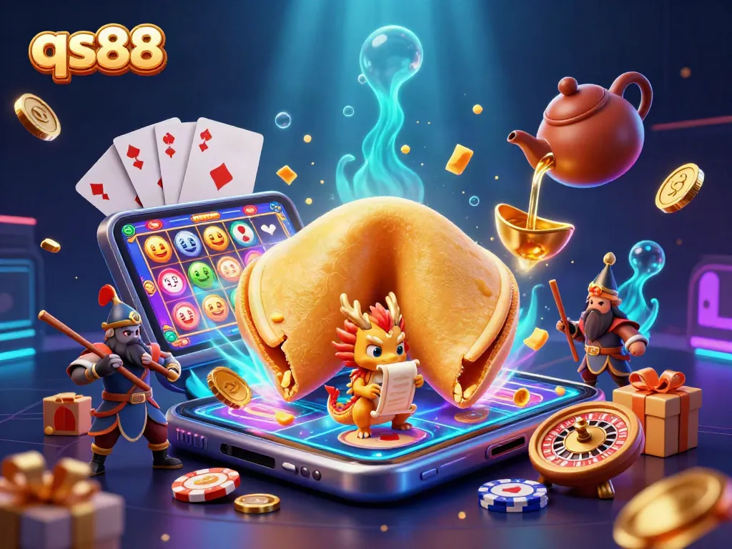 qs88 engages players with dynamic slots, showcasing a vibrant casino scene with fortune cookie characters.