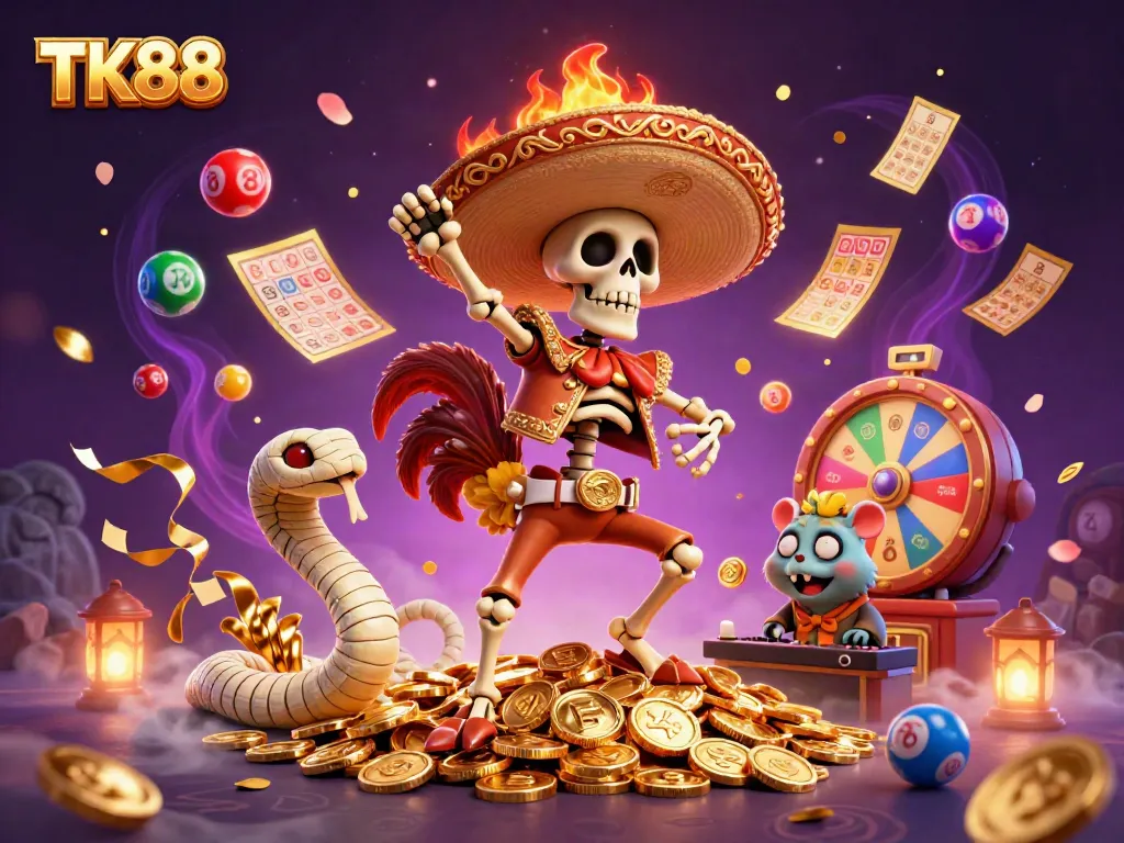 TK88 features a celebratory scene with a skeleton mariachi rooster dancing on coins, embodying excitement and fun.