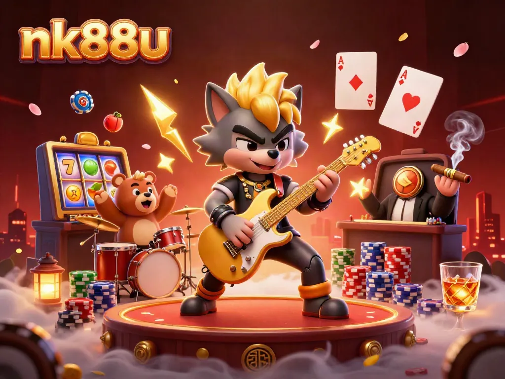 Witness nk88u's vibrant casino scene as a rock star wolf guitarist energizes a lively gaming atmosphere.