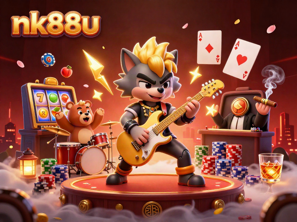 Witness nk88u's vibrant casino scene as a rock star wolf guitarist energizes a lively gaming atmosphere.