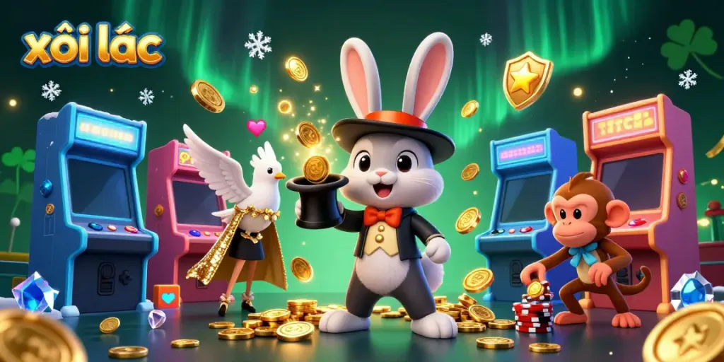 Win big with xôi lạc as the magician pulls gold coins in this vibrant casino scene.