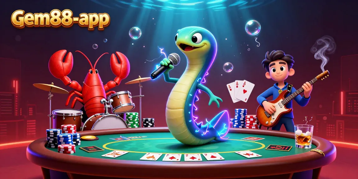 Engage with the gem88-app in this vibrant underwater casino scene, showcasing electric eel DJ and poker action.