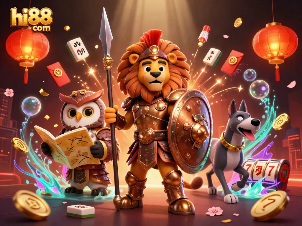 Engage with hi88 com's thrilling casino adventures led by a Spartan lion amidst dazzling elements.