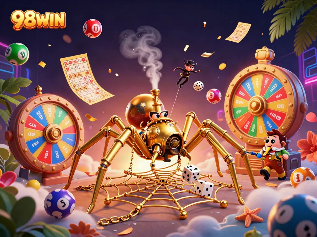 Experience thrilling 98WIN action in a vibrant, dynamic casino-themed illustration.