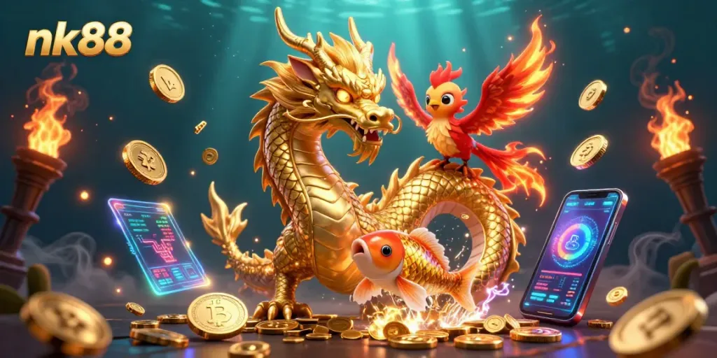 Engage with nk88 gaming excitement through a vibrant dragon, phoenix, and koi fish scene.