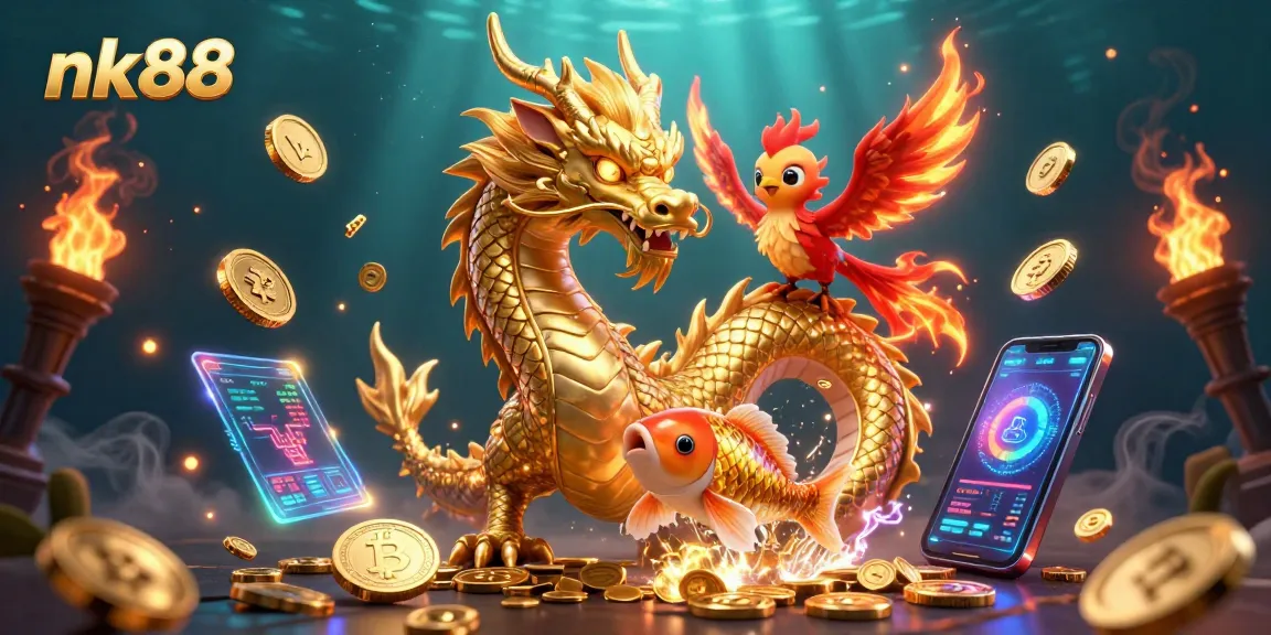 Engage with nk88 gaming excitement through a vibrant dragon, phoenix, and koi fish scene.