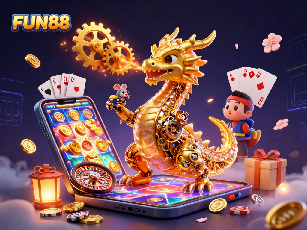 Experience FUN88 in a vibrant 3D scene with a golden dragon and gaming elements.
