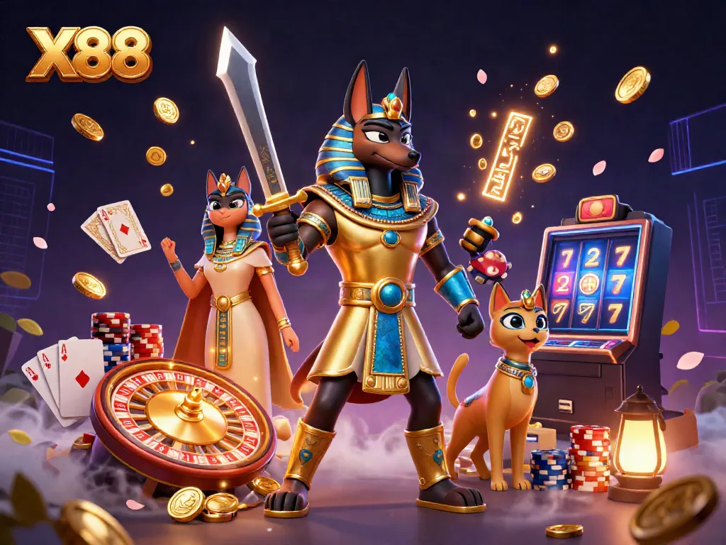 Experience excitement at X88 with Anubis and Bastet amid a vibrant casino scene.