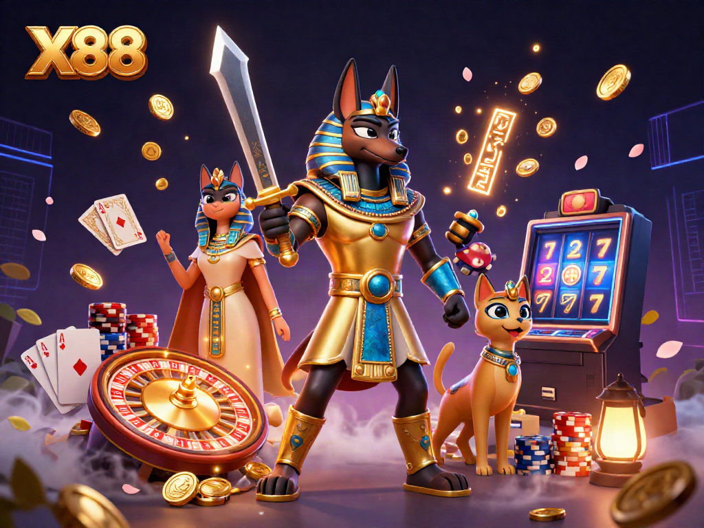 Experience excitement at X88 with Anubis and Bastet amid a vibrant casino scene.