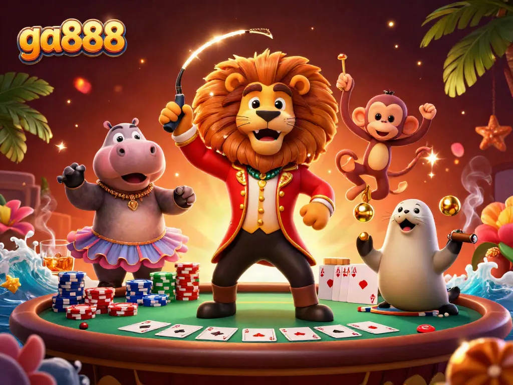 Experience thrilling games at ga888 with a vibrant illustration of casino characters and poker elements.