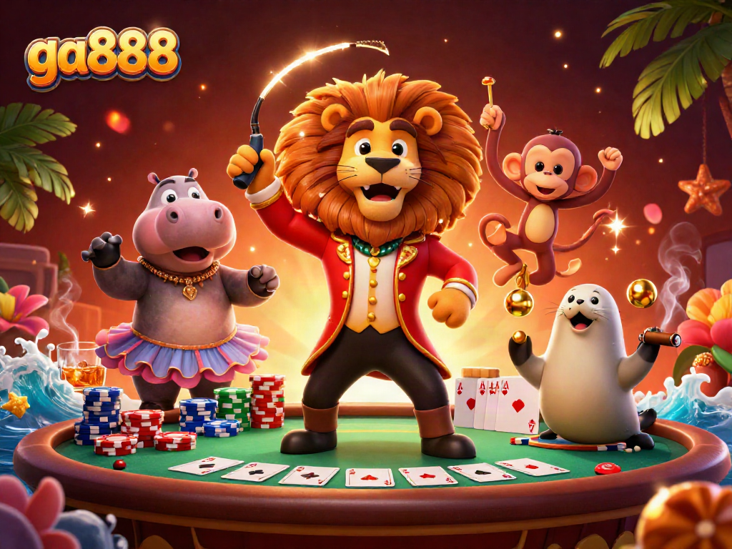 Experience thrilling games at ga888 with a vibrant illustration of casino characters and poker elements.