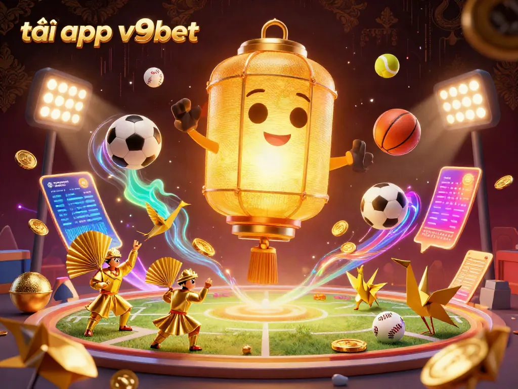 Experience the thrill and ease of tải app v9bet through vibrant sports betting elements in a captivating digital art scene.