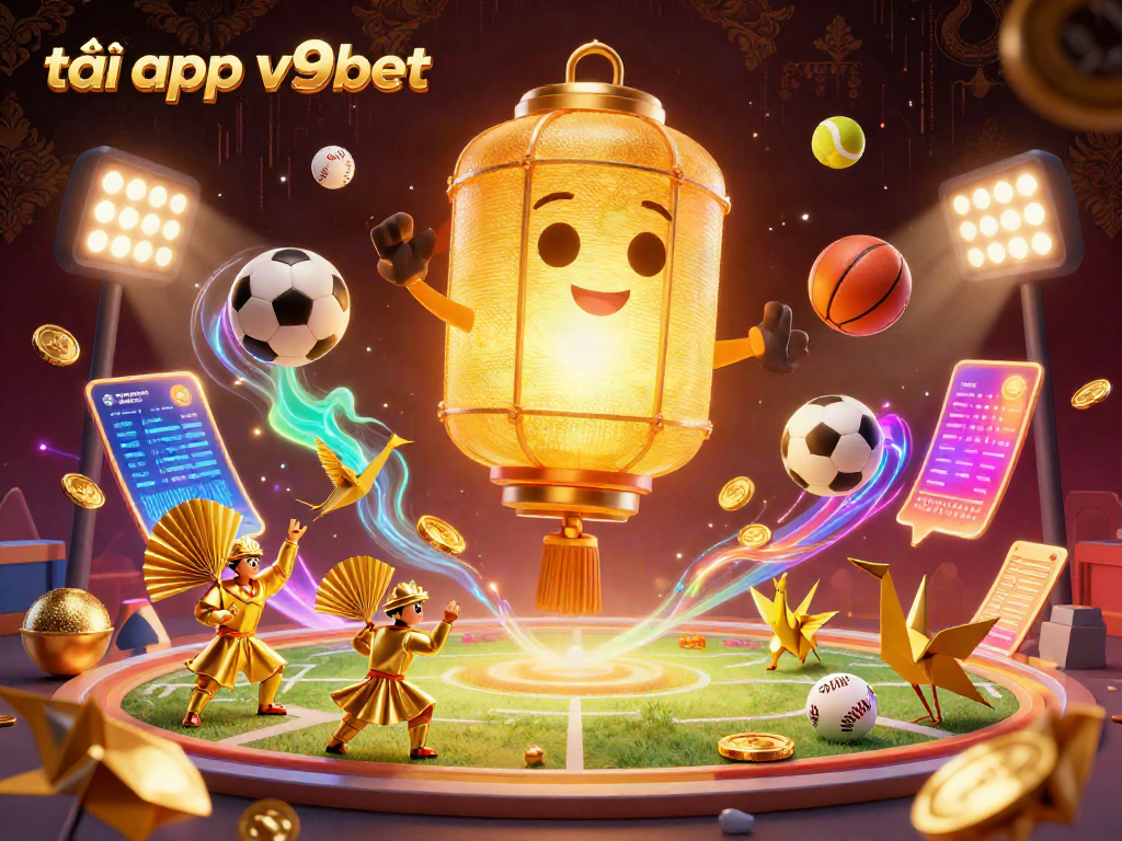 Experience the thrill and ease of tải app v9bet through vibrant sports betting elements in a captivating digital art scene.