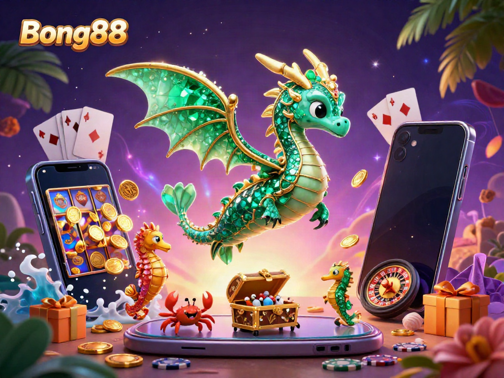 Experience the thrill of Bong88 with a vibrant casino-themed fantasy scene featuring a sea dragon and gaming elements.