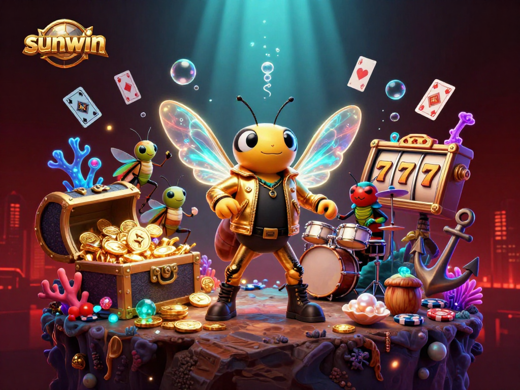 Experience winning moments with sunwin amid vibrant casino elements and a lively band underwater.