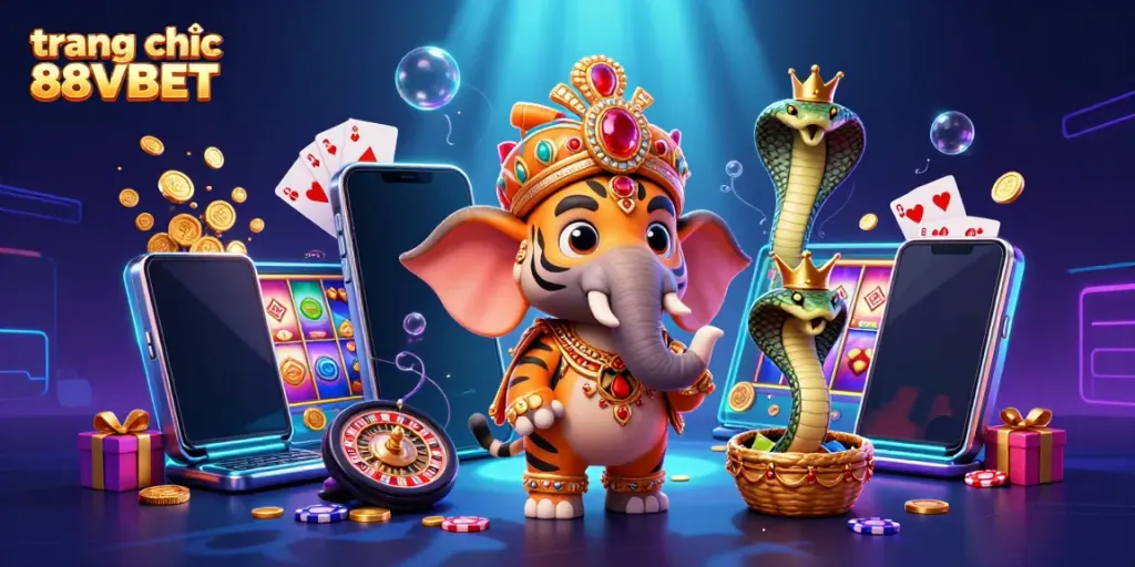 Experience the exciting world of trang chủ 88VBET with a vibrant casino scene featuring a majestic tiger, elephant, and thrilling game elements.