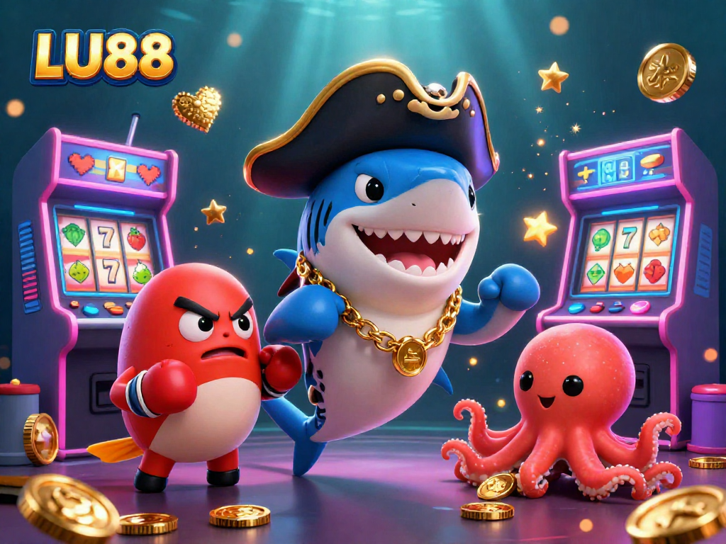 LU88 pirate shark, pufferfish, and octopus showcase vibrant slot games and colorful coins.