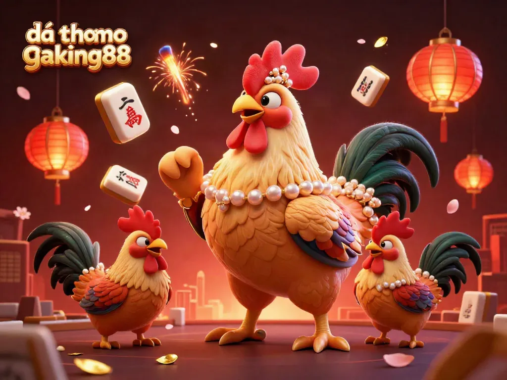 Experience exhilarating cockfights with đá gà thomo gaking88 in a vibrant arena, showcasing golden roosters and festive elements.