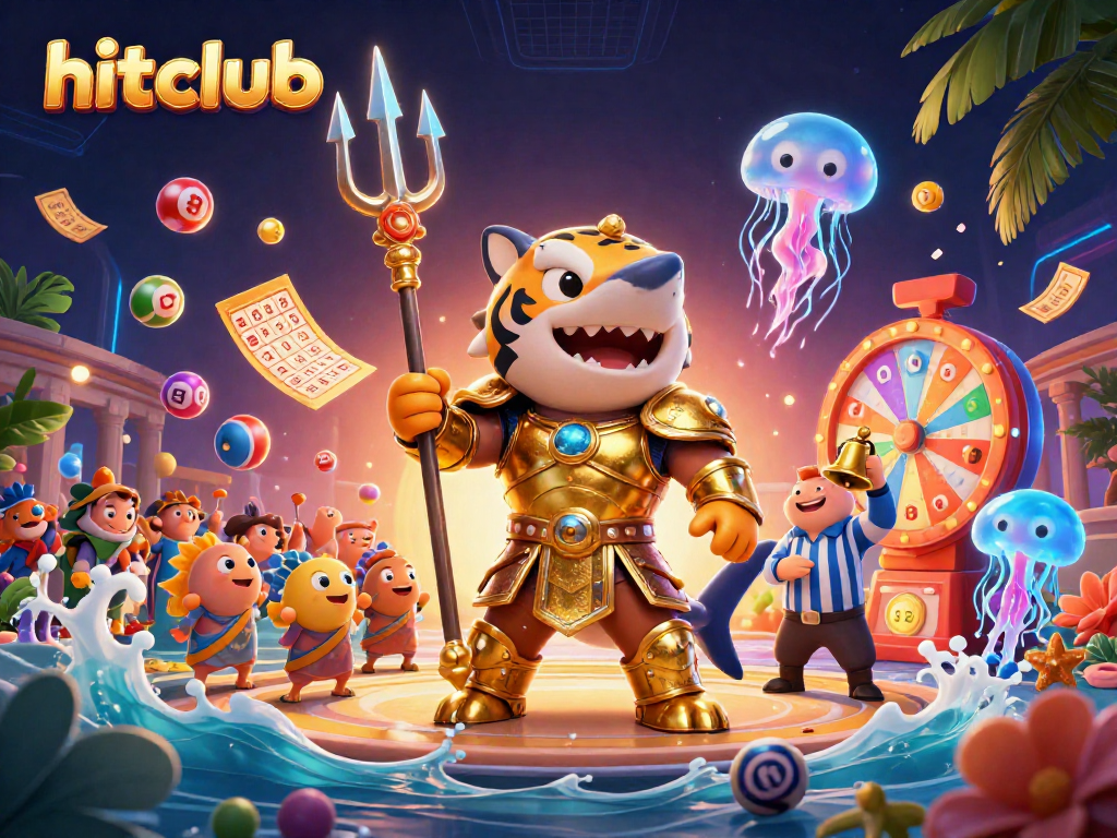 Win big with hitclub in this vibrant 3D casino illustration featuring an underwater games scene.