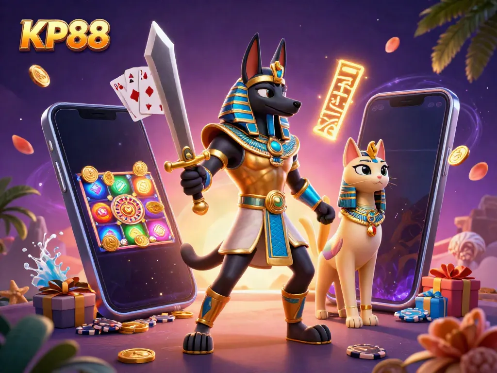 KP88 offers dynamic gaming experiences with Anubis and Bastet amidst vibrant casino elements