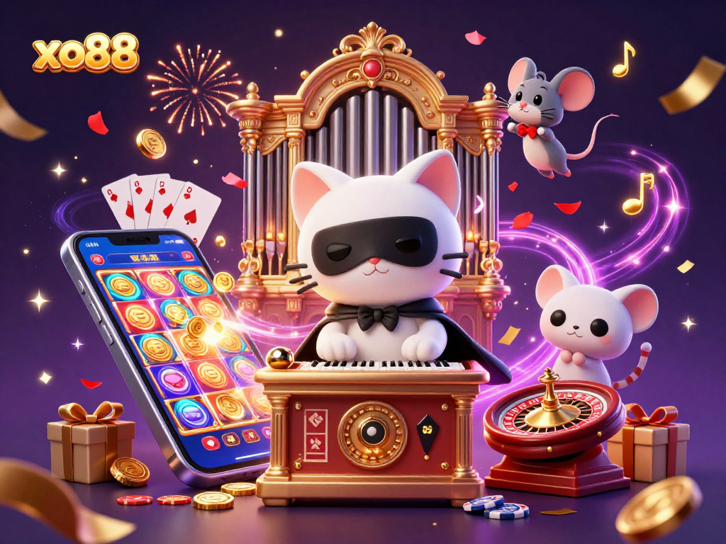 Play exciting slot games at xo88 with a phantom-themed casino illustration featuring golden coins and game elements.
