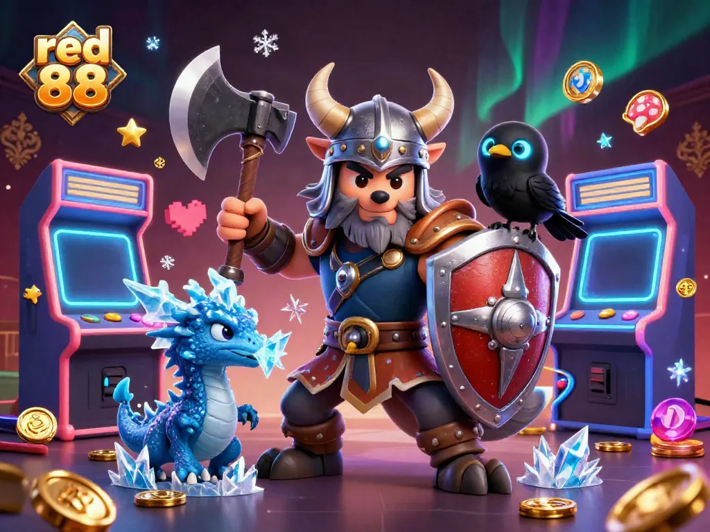 Engage in thrilling gaming adventures with red 88 on this vibrant 3D casino-themed artwork featuring a Viking wolf warrior and a fierce dragon.