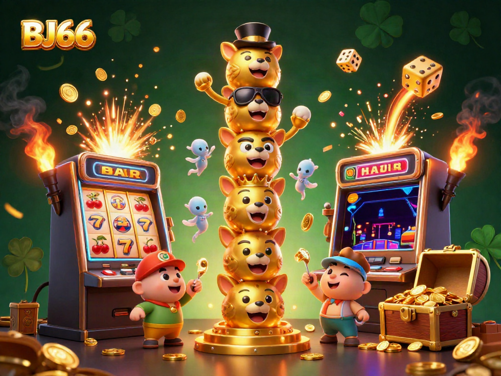 Spin the reels at BJ66 with a vivid illustration of animated characters and casino elements exuding excitement.